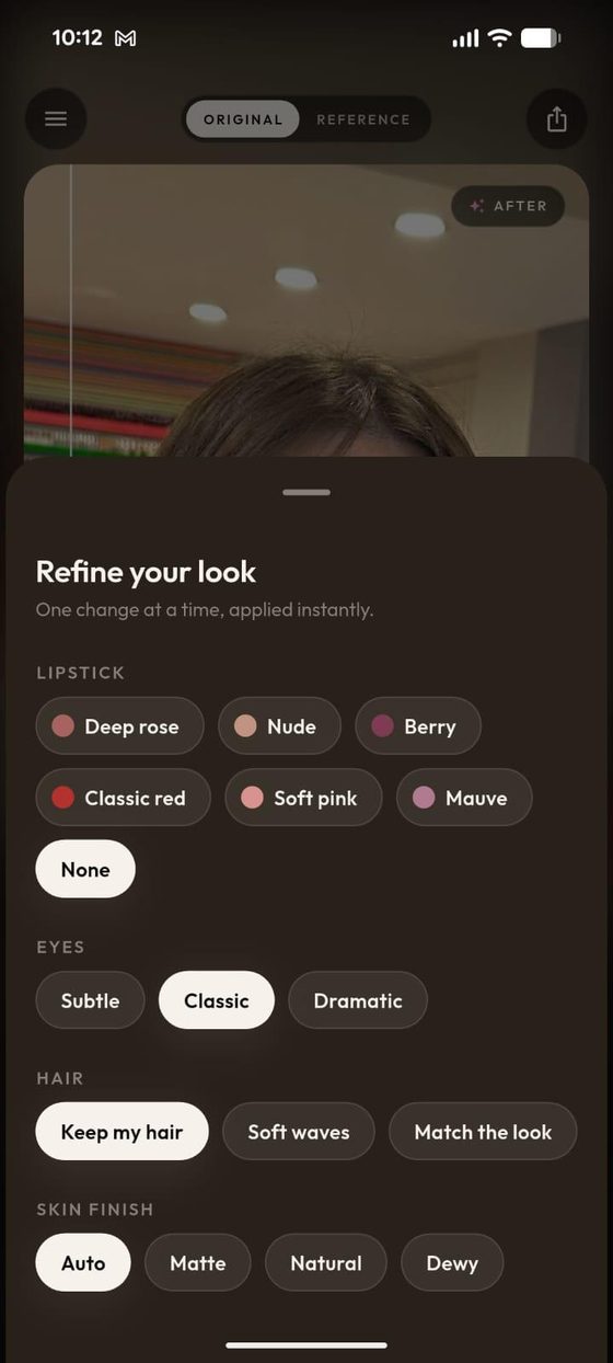 The AI Makeup app's refine screen with lipstick shades, eye intensity, hair, and skin finish controls